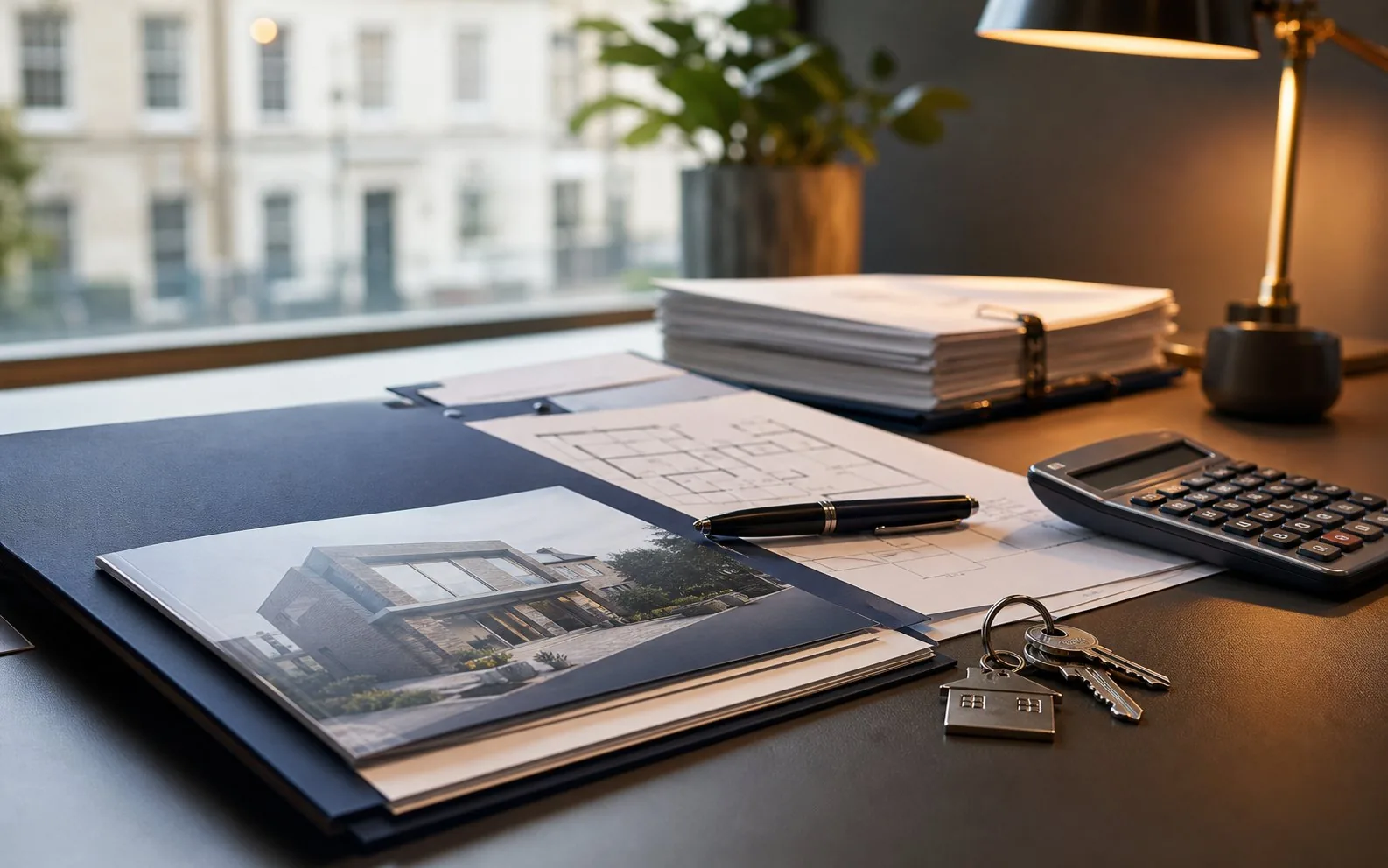 Specialist property finance case file with plans, keys and lending paperwork