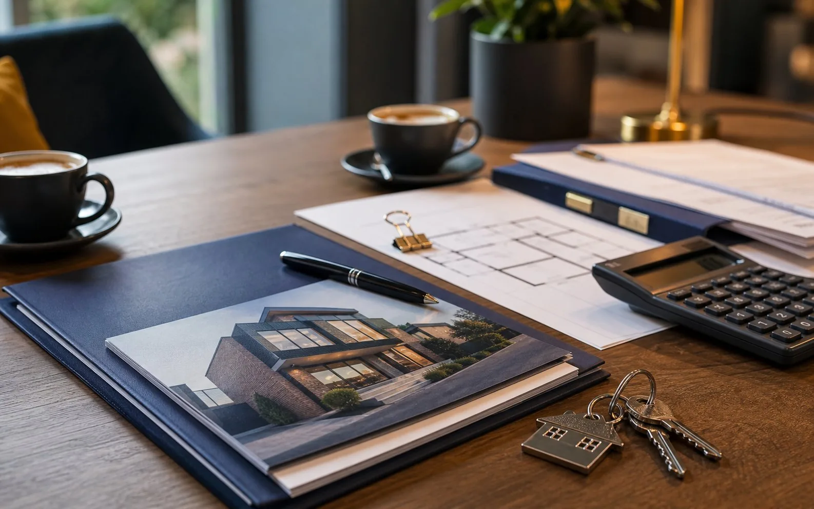 Property finance advisory meeting with plans, keys and case documents